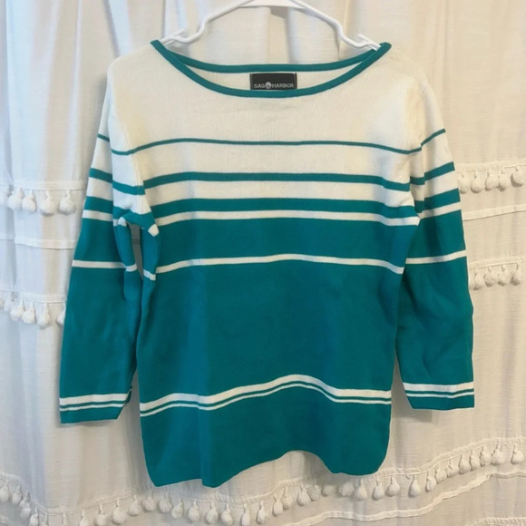 Sag harbor turquoise and white striped 3/4 sleeve blouse size S - Picture 1 of 6